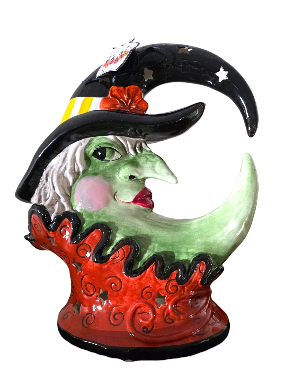 Witch Moon Ceramic Sculpture - Blue Sky - Green and Orange Home Tea Light Holder